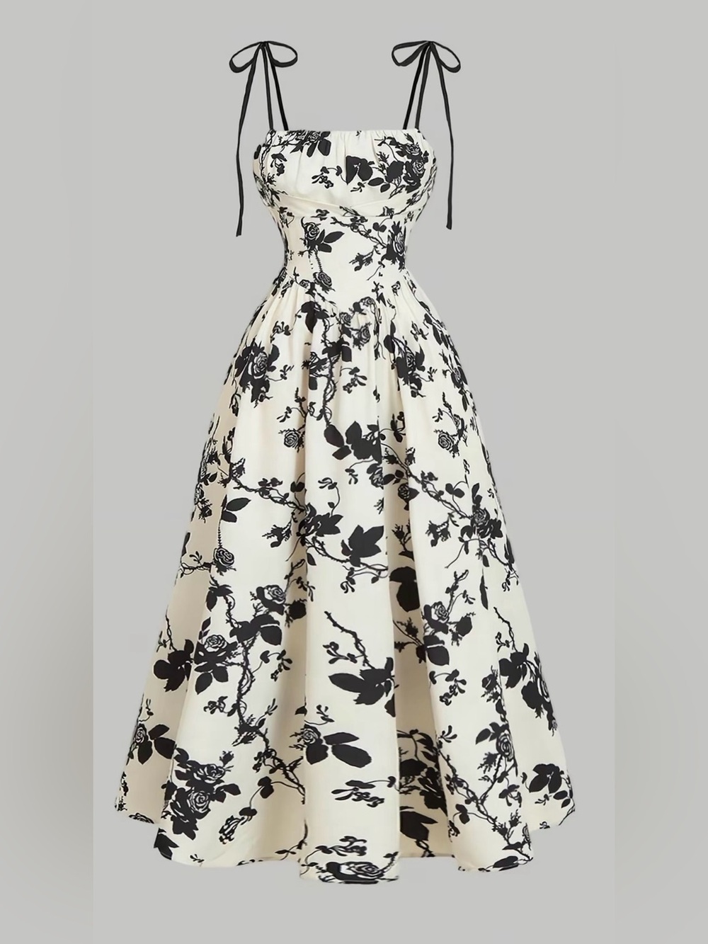 Floral Tie-Shoulder Midi Dress in Black and Cream
